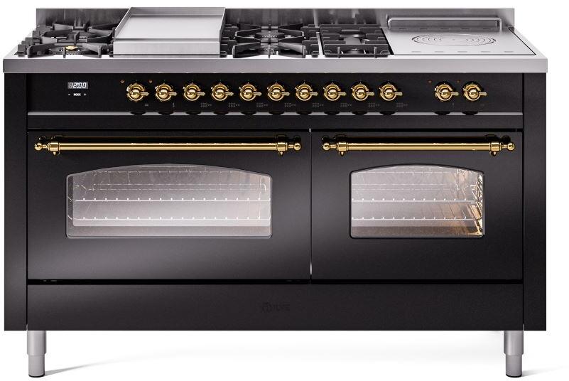 Ilve UP60FSNMPBKG Nostalgie Ii 60 Inch Dual Fuel Natural Gas Freestanding Range In Glossy Black With Brass Trim