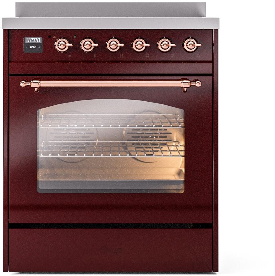 Ilve UPI304NMPBUP Nostalgie Ii 30 Inch Electric Freestanding Range In Burgundy With Copper Trim