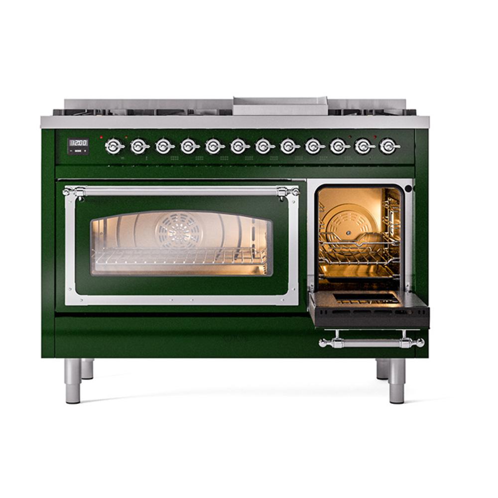 Ilve UN48FNMPEGCLP Ilve Un48Fnmpegclp Nostalgie Ii Noblesse 48" Dual Fuel Range (8 Sealed Burners + Griddle, Liquid Propane, Triple Glass Door, Emerald Green, Chrome)