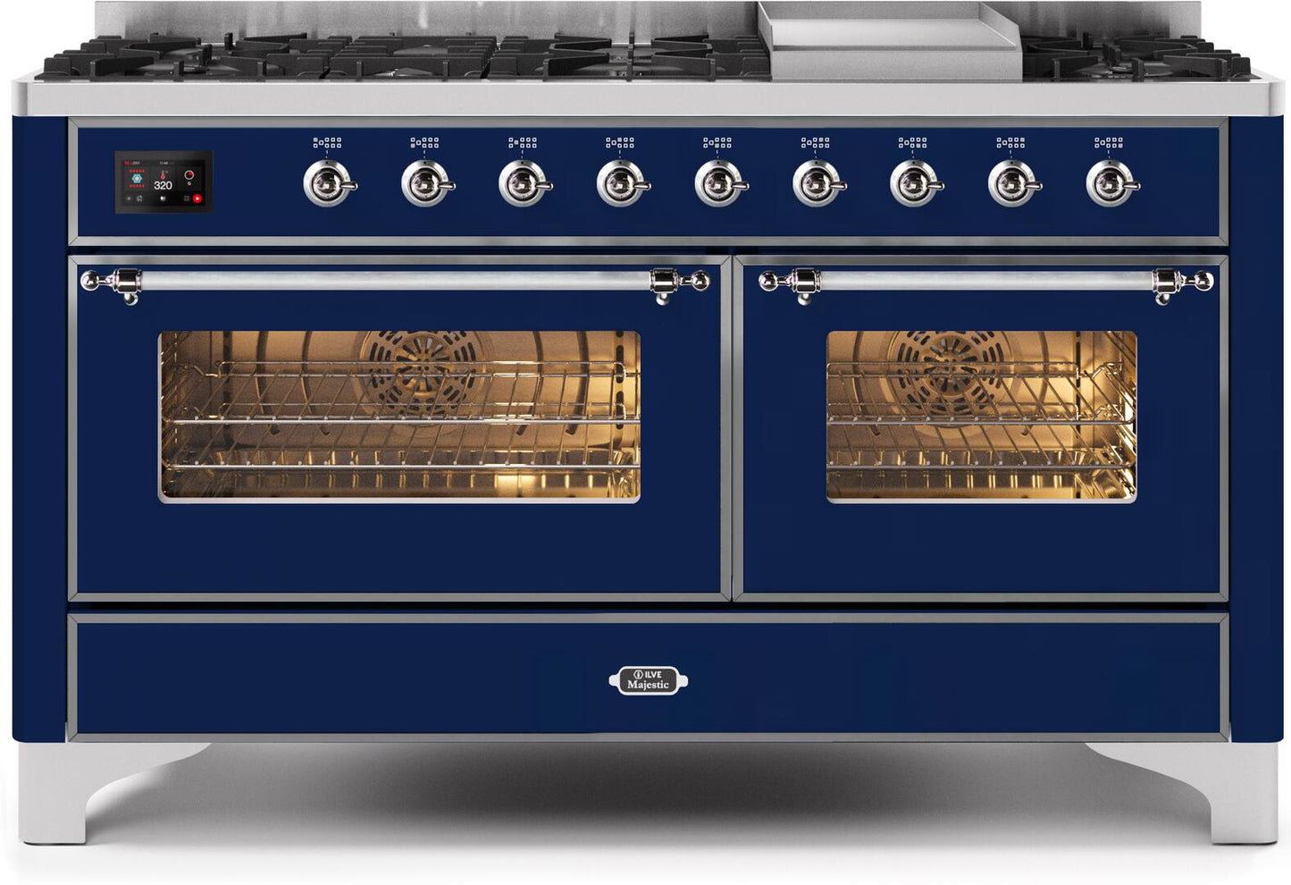 Ilve UM15FDNS3MBCLP Majestic Ii 60 Inch Dual Fuel Liquid Propane Freestanding Range In Blue With Chrome Trim