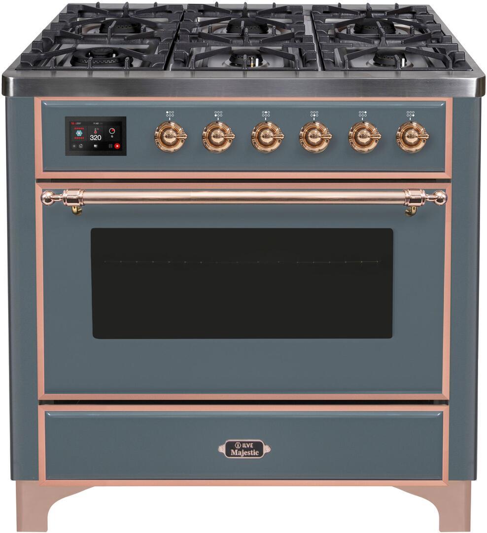 Ilve UM09FDNS3BGP Majestic Ii 36 Inch Dual Fuel Natural Gas Freestanding Range In Blue Grey With Copper Trim