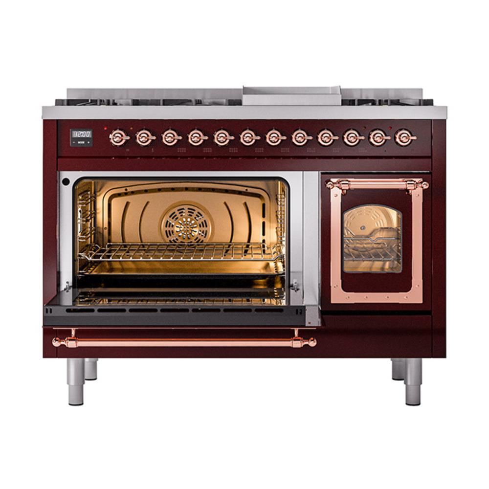 Ilve UN48FNMPBUPLP Ilve Un48Fnmpbuplp Nostalgie Ii Noblesse 48" Dual Fuel Range (8 Sealed Burners + Griddle, Liquid Propane, Triple Glass Door, Burgundy, Copper)