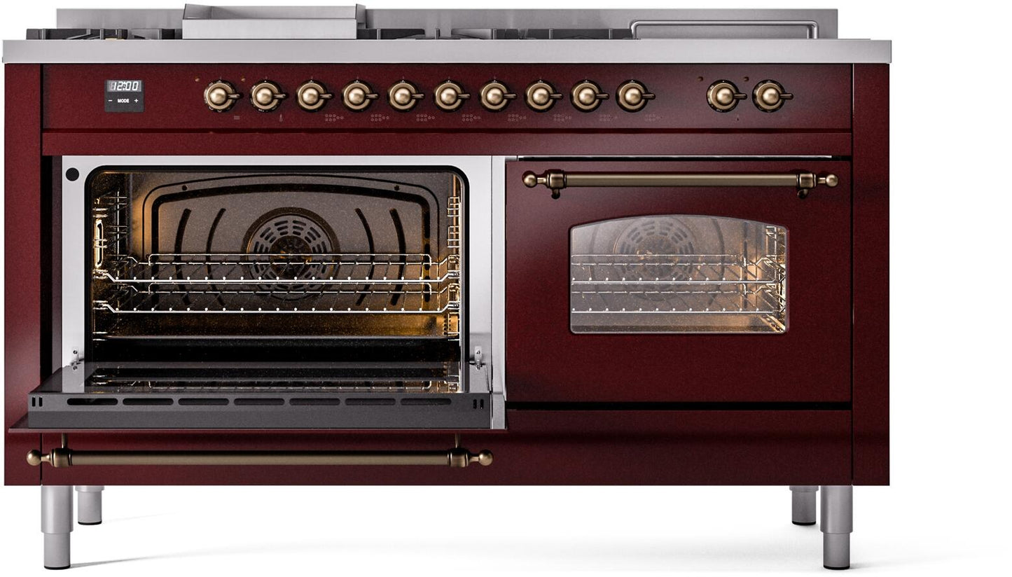 Ilve UP60FSNMPBUBLP Nostalgie Ii 60 Inch Dual Fuel Liquid Propane Freestanding Range In Burgundy With Bronze Trim