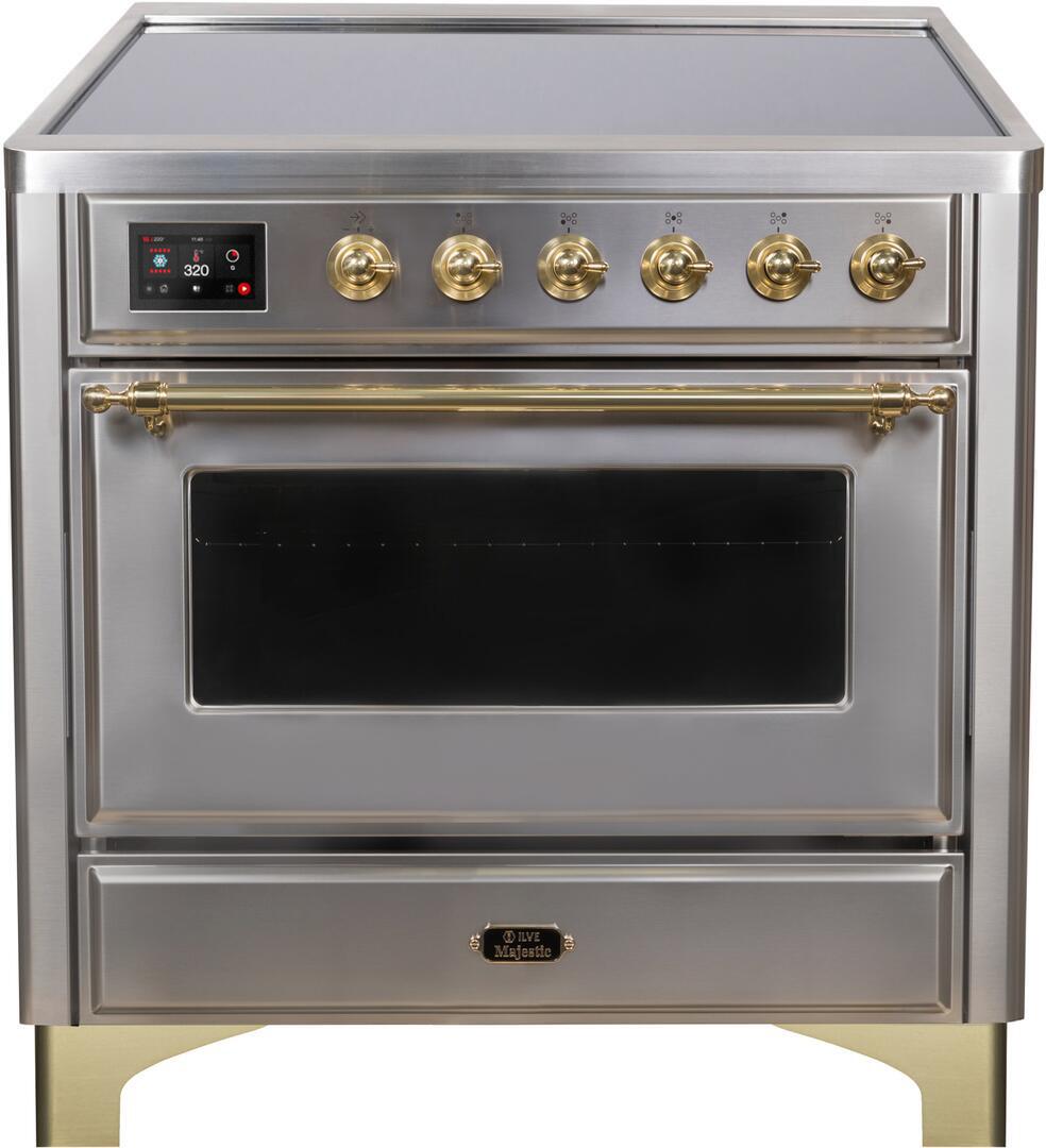 Ilve UMI09NS3SSG Majestic Ii 36 Inch Electric Freestanding Range In Stainless Steel With Brass Trim