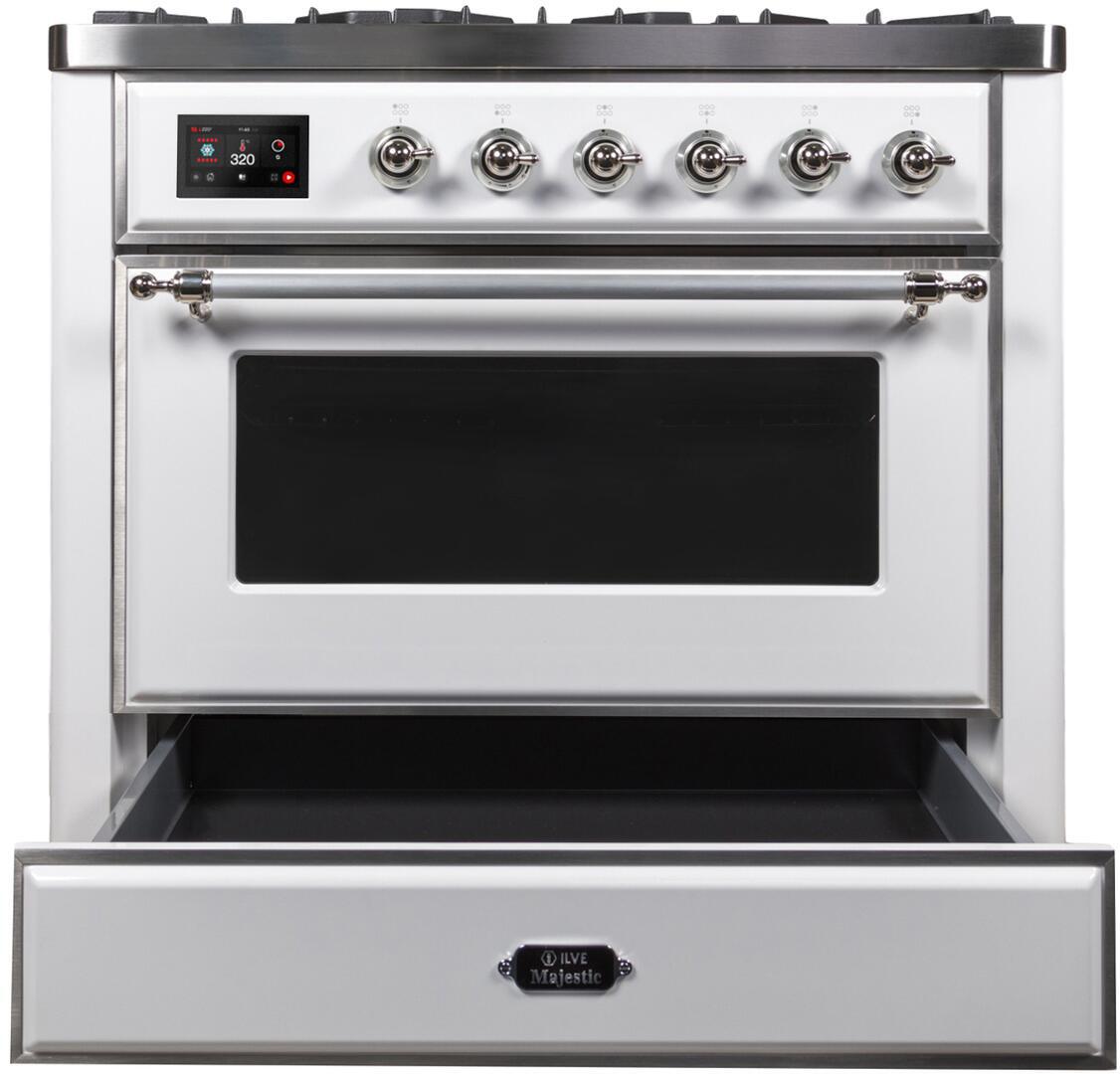 Ilve UM09FDNS3WHC Majestic Ii 36 Inch Dual Fuel Natural Gas Freestanding Range In White With Chrome Trim