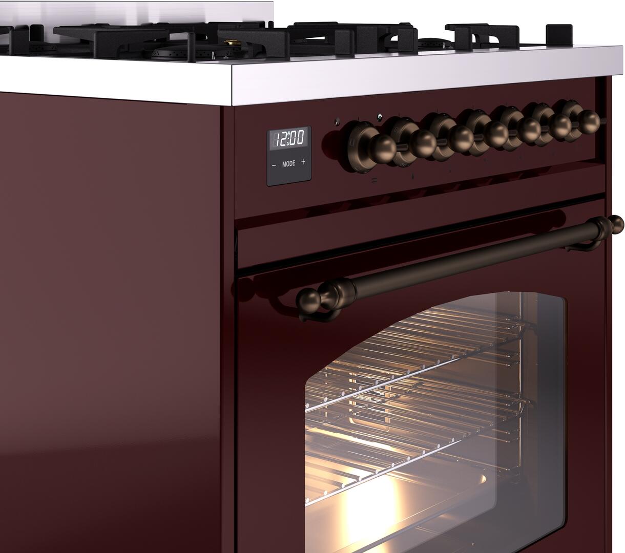 Ilve UP30NMPBUB Nostalgie Ii 30 Inch Dual Fuel Natural Gas Freestanding Range In Burgundy With Bronze Trim