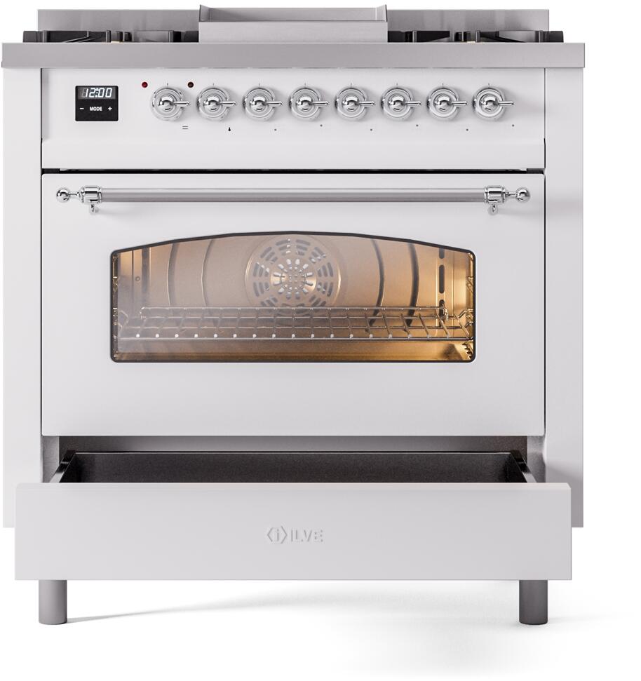 Ilve UP36FNMPWHCLP Nostalgie Ii 36 Inch Dual Fuel Liquid Propane Freestanding Range In White With Chrome Trim