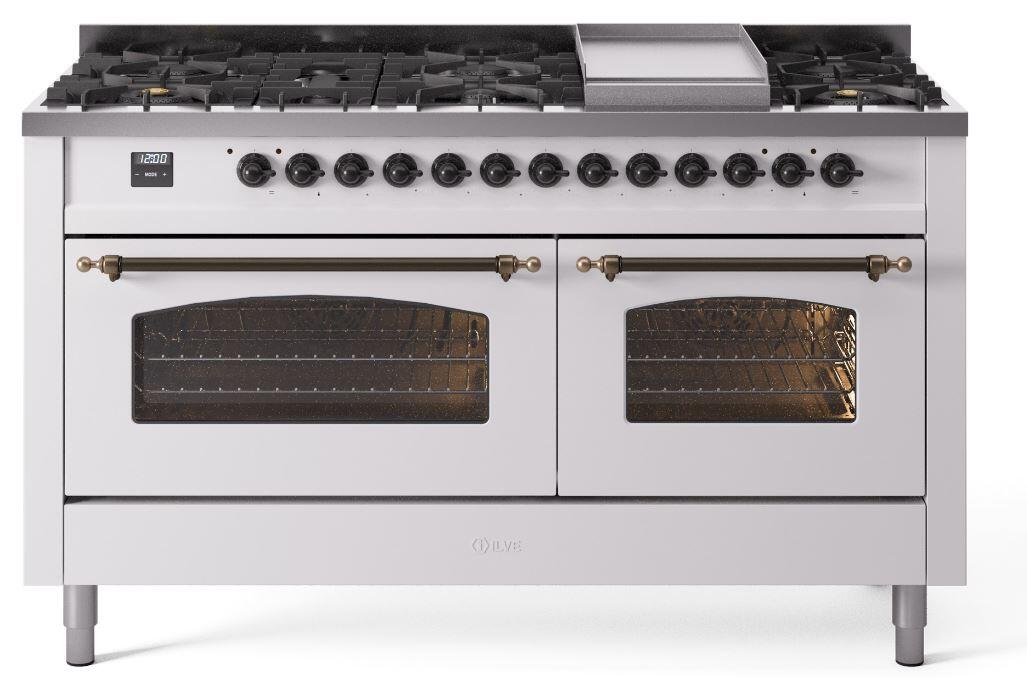 Ilve UP60FNMPWHBLP Nostalgie Ii 60 Inch Dual Fuel Liquid Propane Freestanding Range In White With Bronze Trim