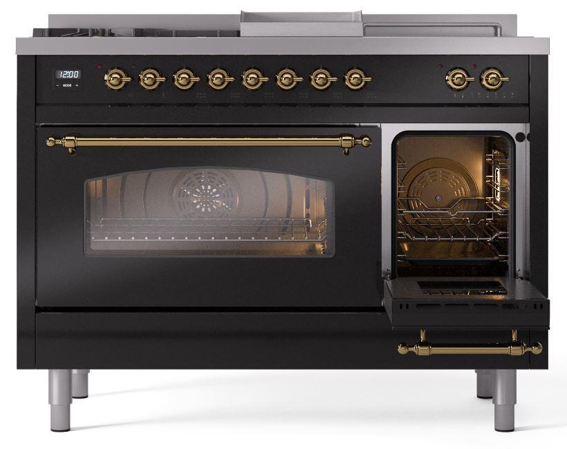 Ilve UP48FSNMPBKG Nostalgie Ii 48 Inch Dual Fuel Natural Gas Freestanding Range In Glossy Black With Brass Trim