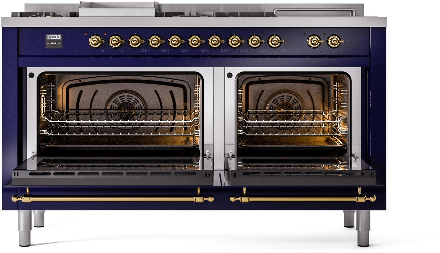 Ilve UP60FSNMPMBGLP Nostalgie Ii 60 Inch Dual Fuel Liquid Propane Freestanding Range In Blue With Brass Trim