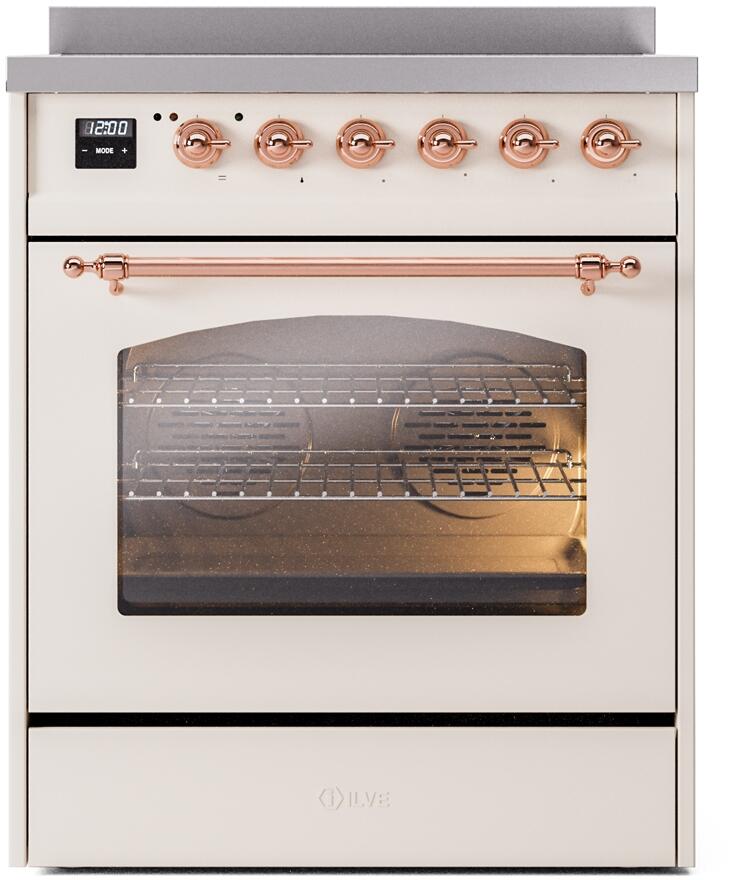 Ilve UPI304NMPAWP Nostalgie Ii 30 Inch Electric Freestanding Range In Antique White With Copper Trim