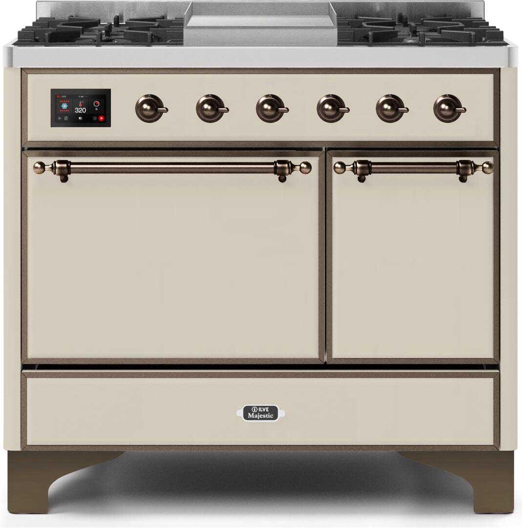 Ilve UMD10FDQNS3AWB Majestic Ii 40 Inch Dual Fuel Natural Gas Freestanding Range In Antique White With Bronze Trim