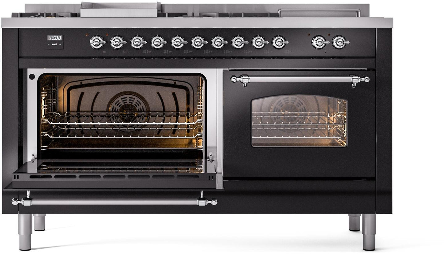 Ilve UP60FSNMPBKCLP Nostalgie Ii 60 Inch Dual Fuel Liquid Propane Freestanding Range In Glossy Black With Chrome Trim