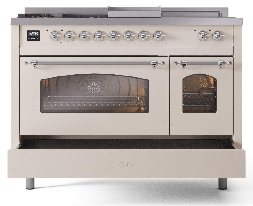 Ilve UP48FSNMPAWC Nostalgie Ii 48 Inch Dual Fuel Natural Gas Freestanding Range In Antique White With Chrome Trim