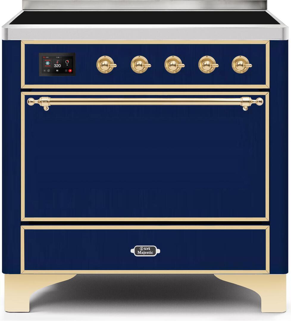 Ilve UMI09QNS3MBG Majestic Ii 36 Inch Electric Freestanding Range In Blue With Brass Trim