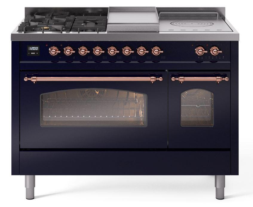 Ilve UP48FSNMPMBP Nostalgie Ii 48 Inch Dual Fuel Natural Gas Freestanding Range In Blue With Copper Trim