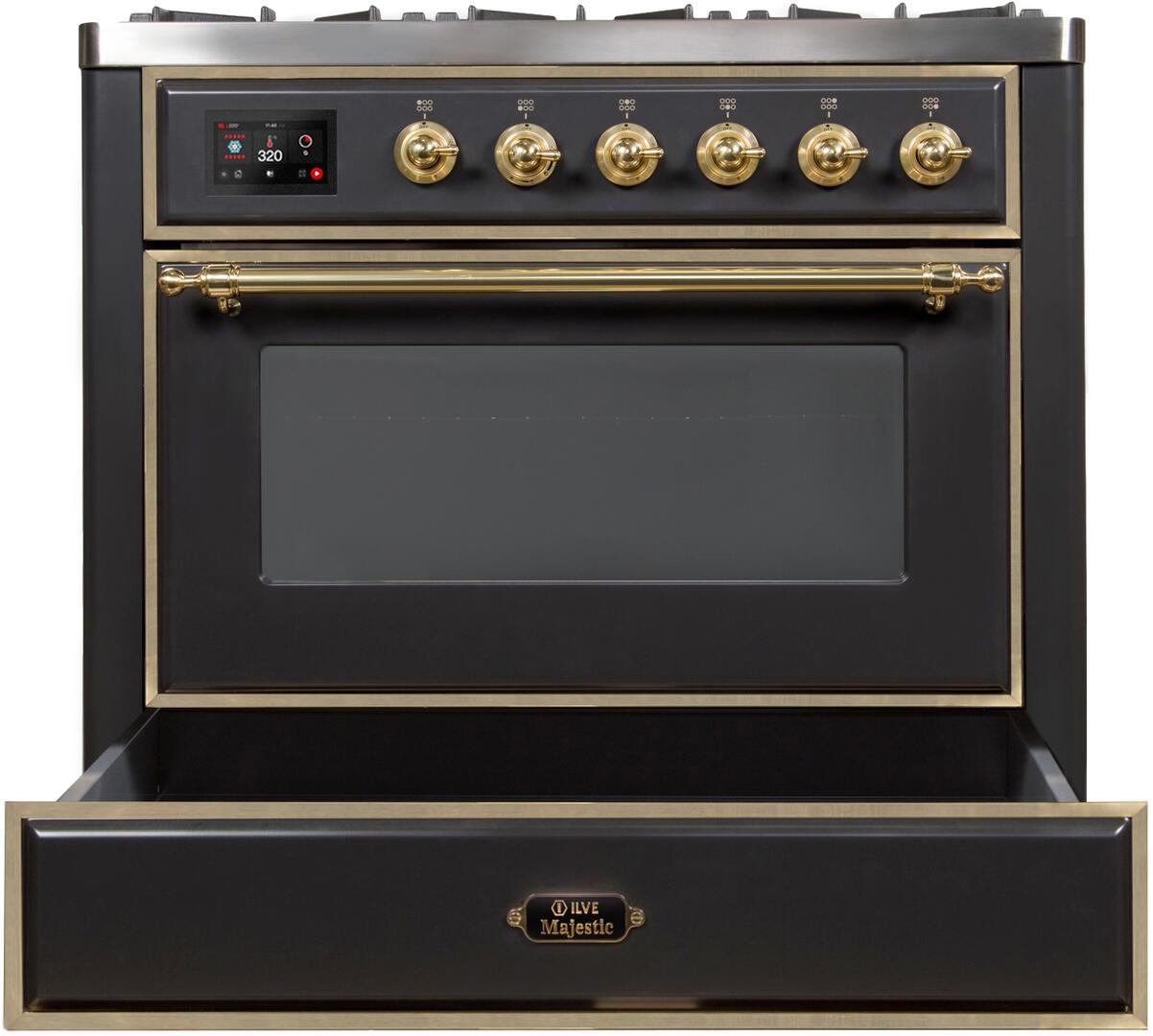 Ilve UM09FDNS3MGG Majestic Ii 36 Inch Dual Fuel Natural Gas Freestanding Range In Matte Graphite With Brass Trim