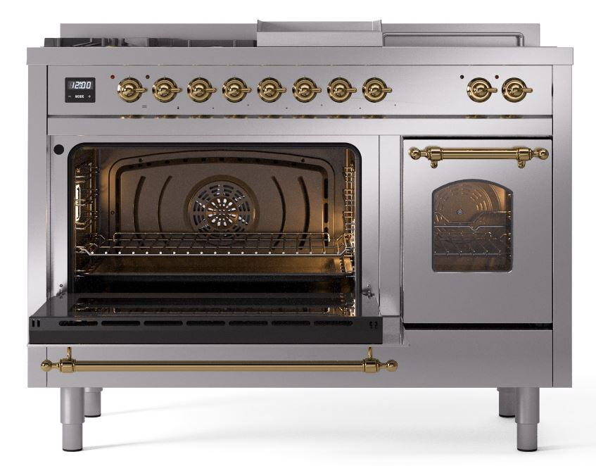 Ilve UP48FSNMPSSG Nostalgie Ii 48 Inch Dual Fuel Natural Gas Freestanding Range In Stainless Steel With Brass Trim