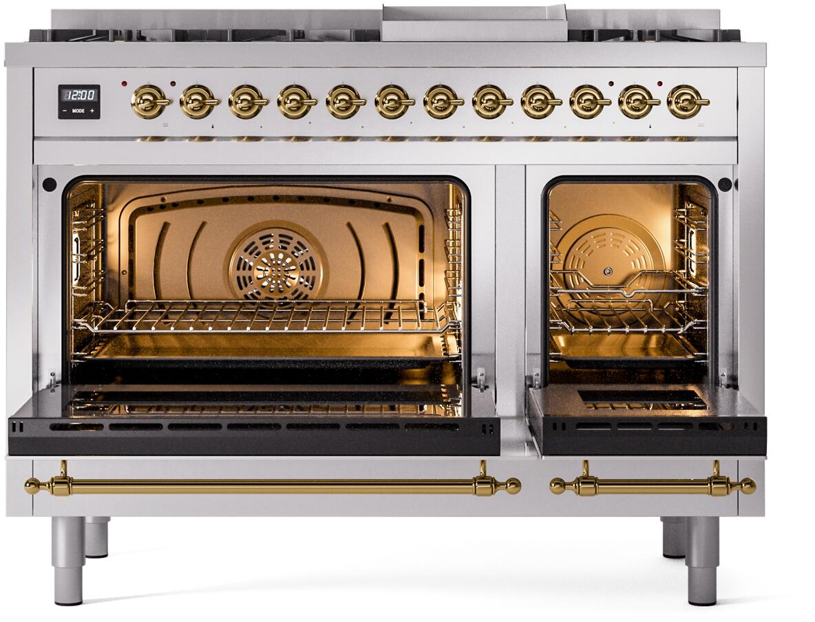 Ilve UP48FNMPSSG Nostalgie Ii 48 Inch Dual Fuel Natural Gas Freestanding Range In Stainless Steel With Brass Trim