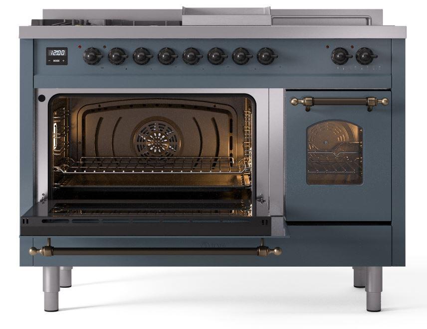 Ilve UP48FSNMPBGB Nostalgie Ii 48 Inch Dual Fuel Natural Gas Freestanding Range In Blue Grey With Bronze Trim