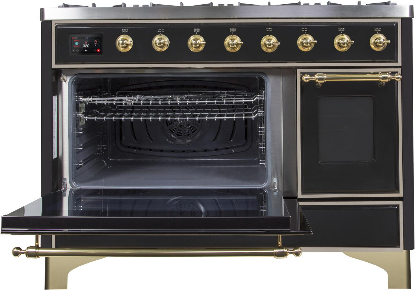 Ilve UM12FDNS3BKGLP Majestic Ii 48 Inch Dual Fuel Liquid Propane Freestanding Range In Glossy Black With Brass Trim