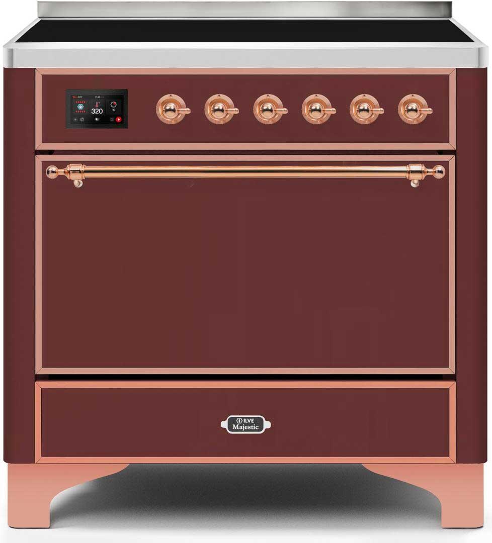 Ilve UMI09QNS3BUP Majestic Ii 36 Inch Electric Freestanding Range In Burgundy With Copper Trim