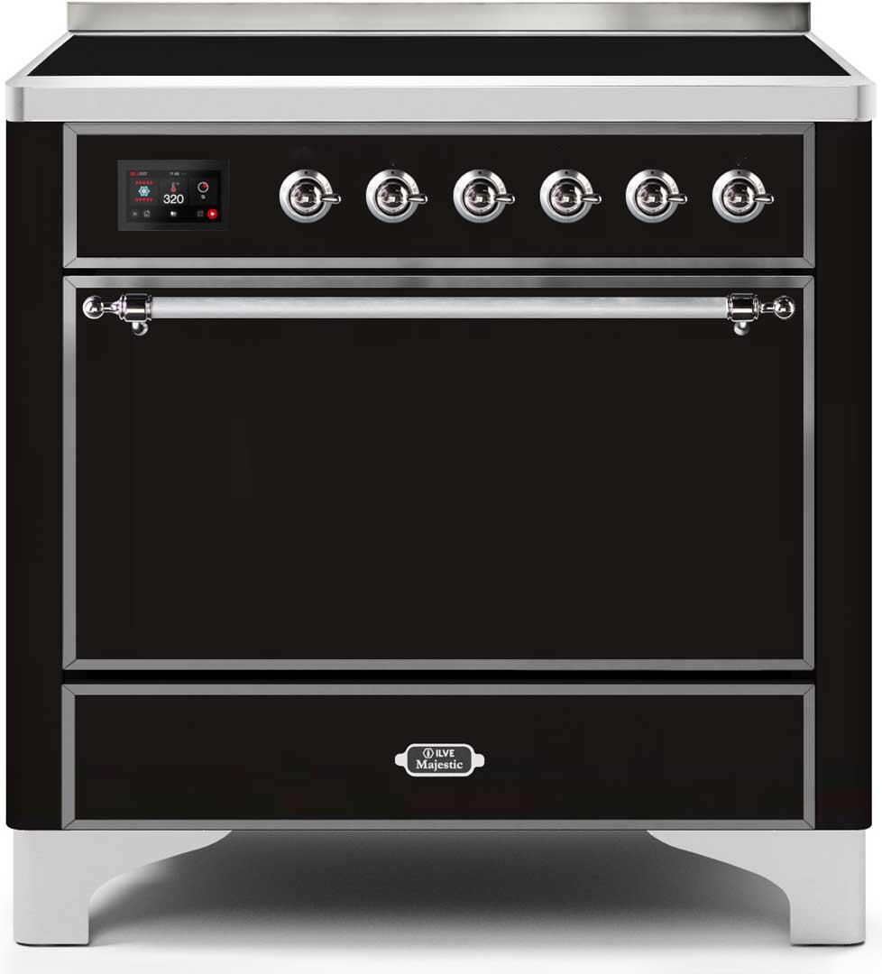 Ilve UMI09QNS3BKC Majestic Ii 36 Inch Electric Freestanding Range In Glossy Black With Chrome Trim