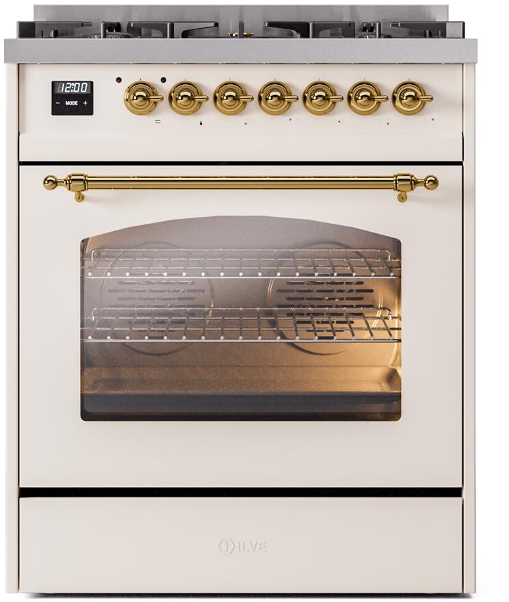 Ilve UP30NMPAWG Nostalgie Ii 30 Inch Dual Fuel Natural Gas Freestanding Range In Antique White With Brass Trim