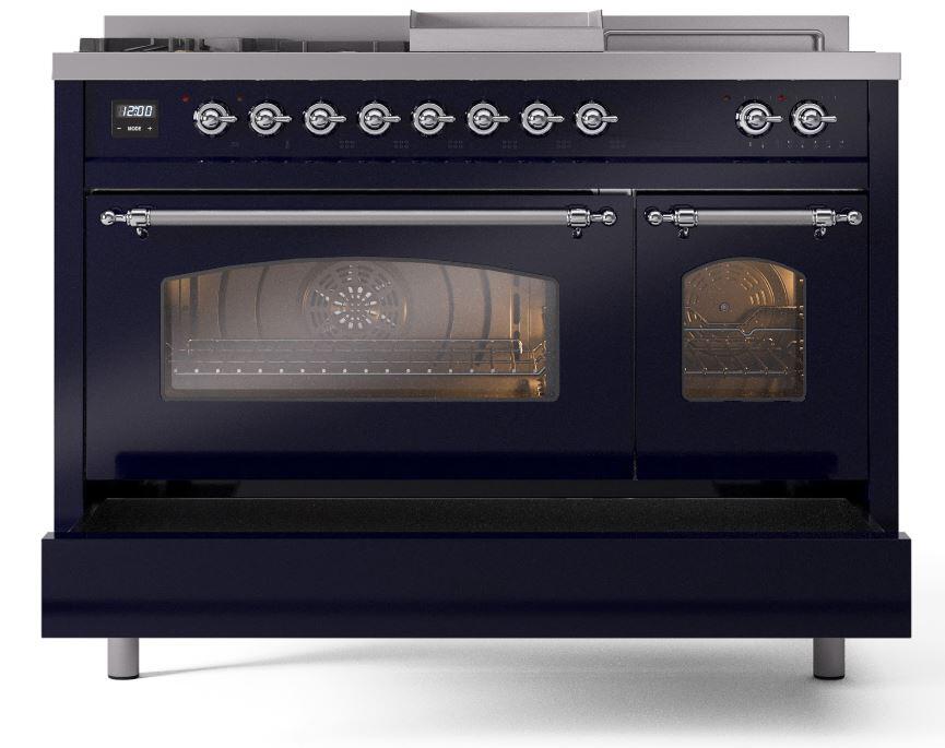 Ilve UP48FSNMPMBC Nostalgie Ii 48 Inch Dual Fuel Natural Gas Freestanding Range In Blue With Chrome Trim