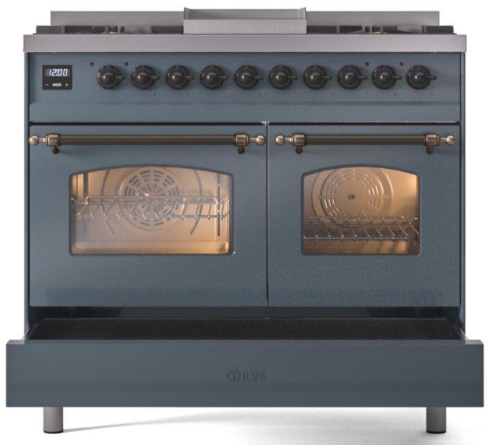 Ilve UPD40FNMPBGBLP Nostalgie Ii 40 Inch Dual Fuel Liquid Propane Freestanding Range In Blue Grey With Bronze Trim