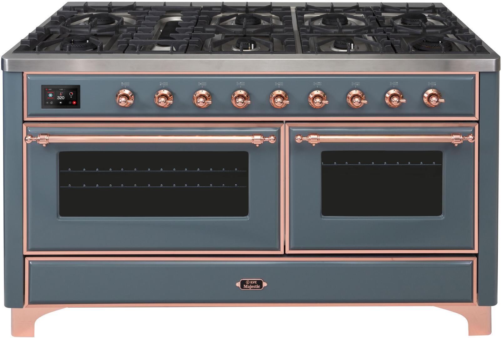 Ilve UM15FDNS3BGP Majestic Ii 60 Inch Dual Fuel Natural Gas Freestanding Range In Blue Grey With Copper Trim