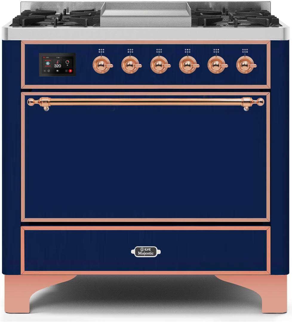 Ilve UM09FDQNS3MBP Majestic Ii 36 Inch Dual Fuel Natural Gas Freestanding Range In Blue With Copper Trim