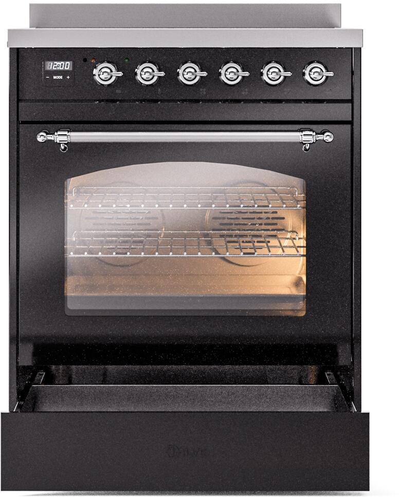 Ilve UPI304NMPBKC Nostalgie Ii 30 Inch Electric Freestanding Range In Glossy Black With Chrome Trim