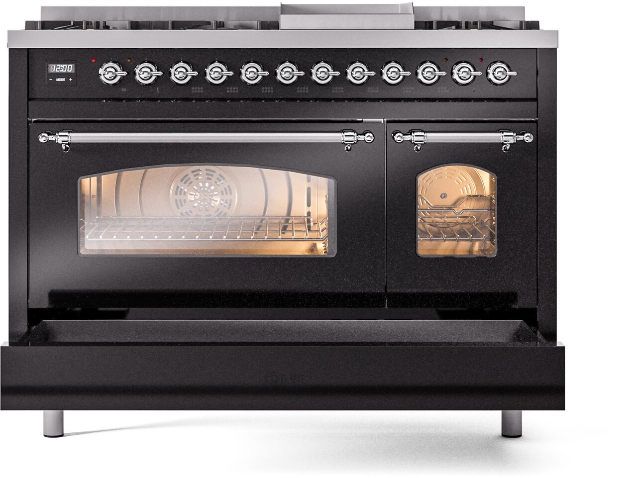 Ilve UP48FNMPBKCLP Nostalgie Ii 48 Inch Dual Fuel Liquid Propane Freestanding Range In Glossy Black With Chrome Trim