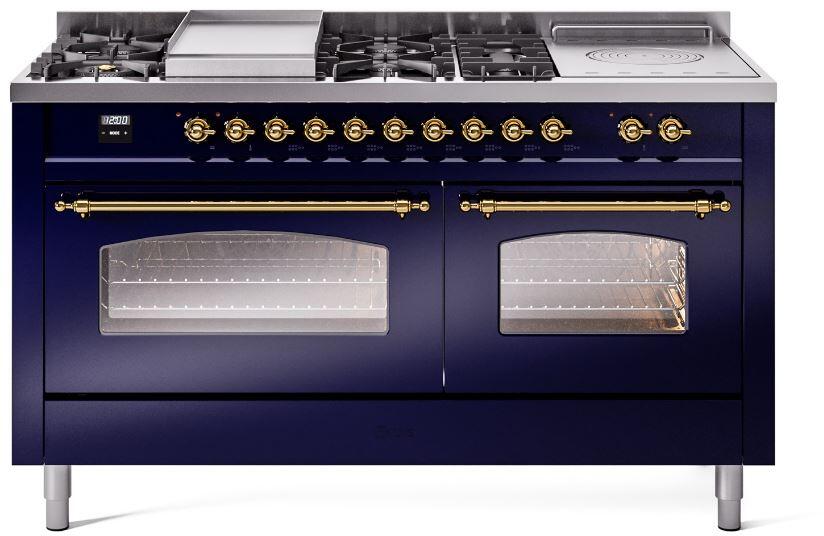 Ilve UP60FSNMPMBGLP Nostalgie Ii 60 Inch Dual Fuel Liquid Propane Freestanding Range In Blue With Brass Trim