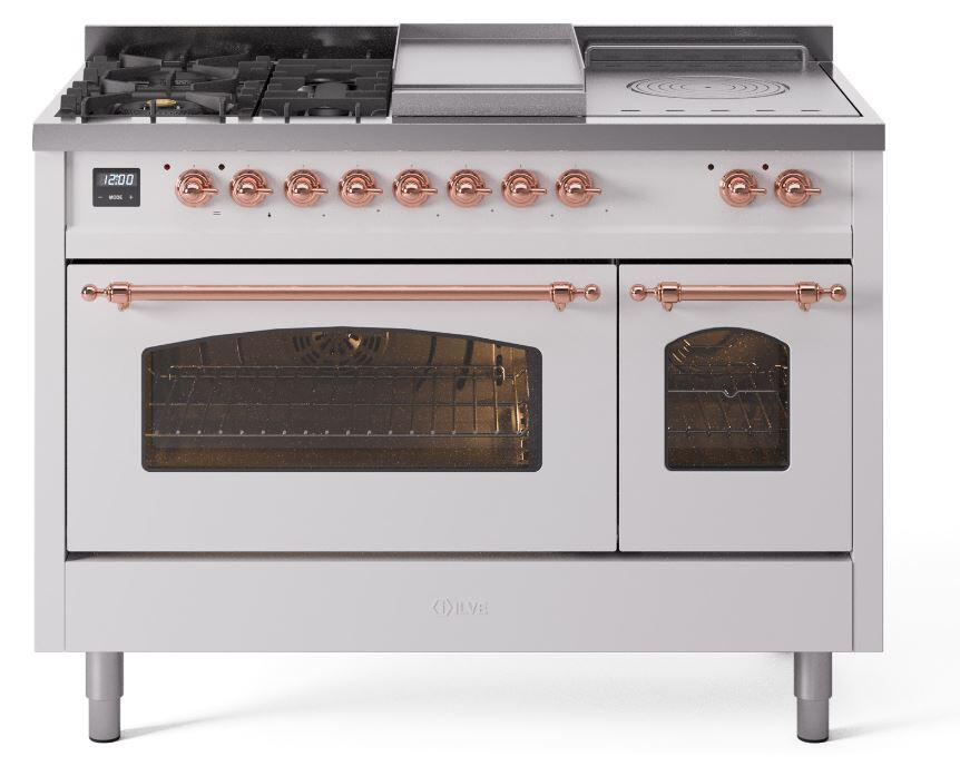 Ilve UP48FSNMPWHPLP Nostalgie Ii 48 Inch Dual Fuel Liquid Propane Freestanding Range In White With Copper Trim