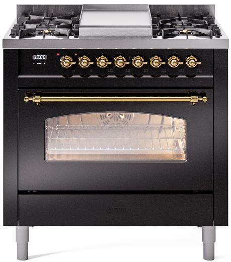 Ilve UP36FNMPBKG Nostalgie Ii 36 Inch Dual Fuel Natural Gas Freestanding Range In Glossy Black With Brass Trim