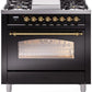 Ilve UP36FNMPBKG Nostalgie Ii 36 Inch Dual Fuel Natural Gas Freestanding Range In Glossy Black With Brass Trim