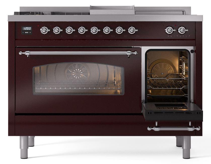 Ilve UP48FSNMPBUCLP Nostalgie Ii 48 Inch Dual Fuel Liquid Propane Freestanding Range In Burgundy With Chrome Trim