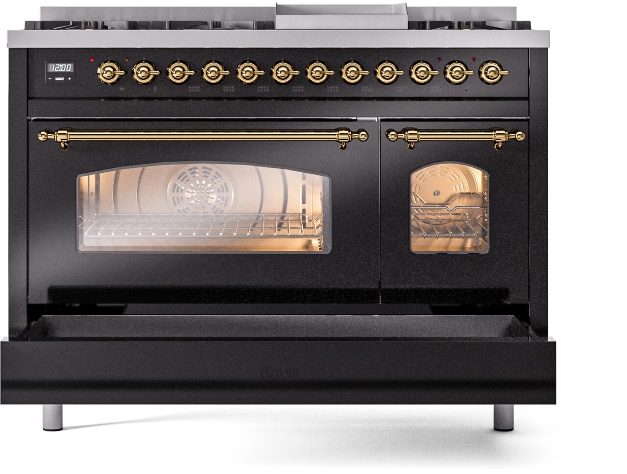 Ilve UP48FNMPBKGLP Nostalgie Ii 48 Inch Dual Fuel Liquid Propane Freestanding Range In Glossy Black With Brass Trim