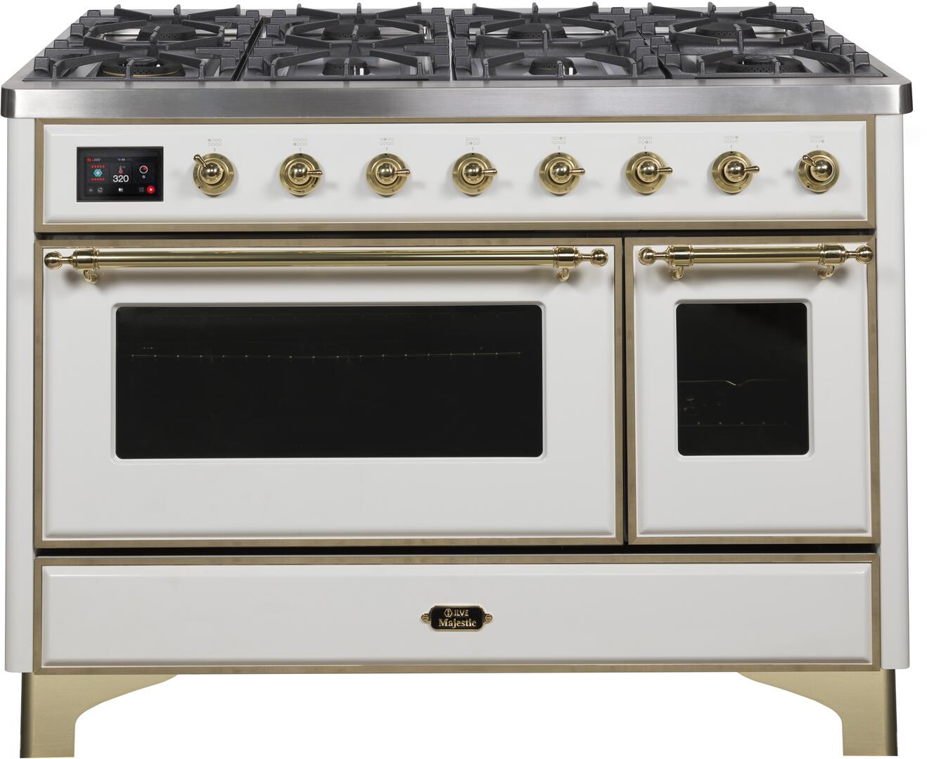 Ilve UM12FDNS3WHGLP Majestic Ii 48 Inch Dual Fuel Liquid Propane Freestanding Range In White With Brass Trim