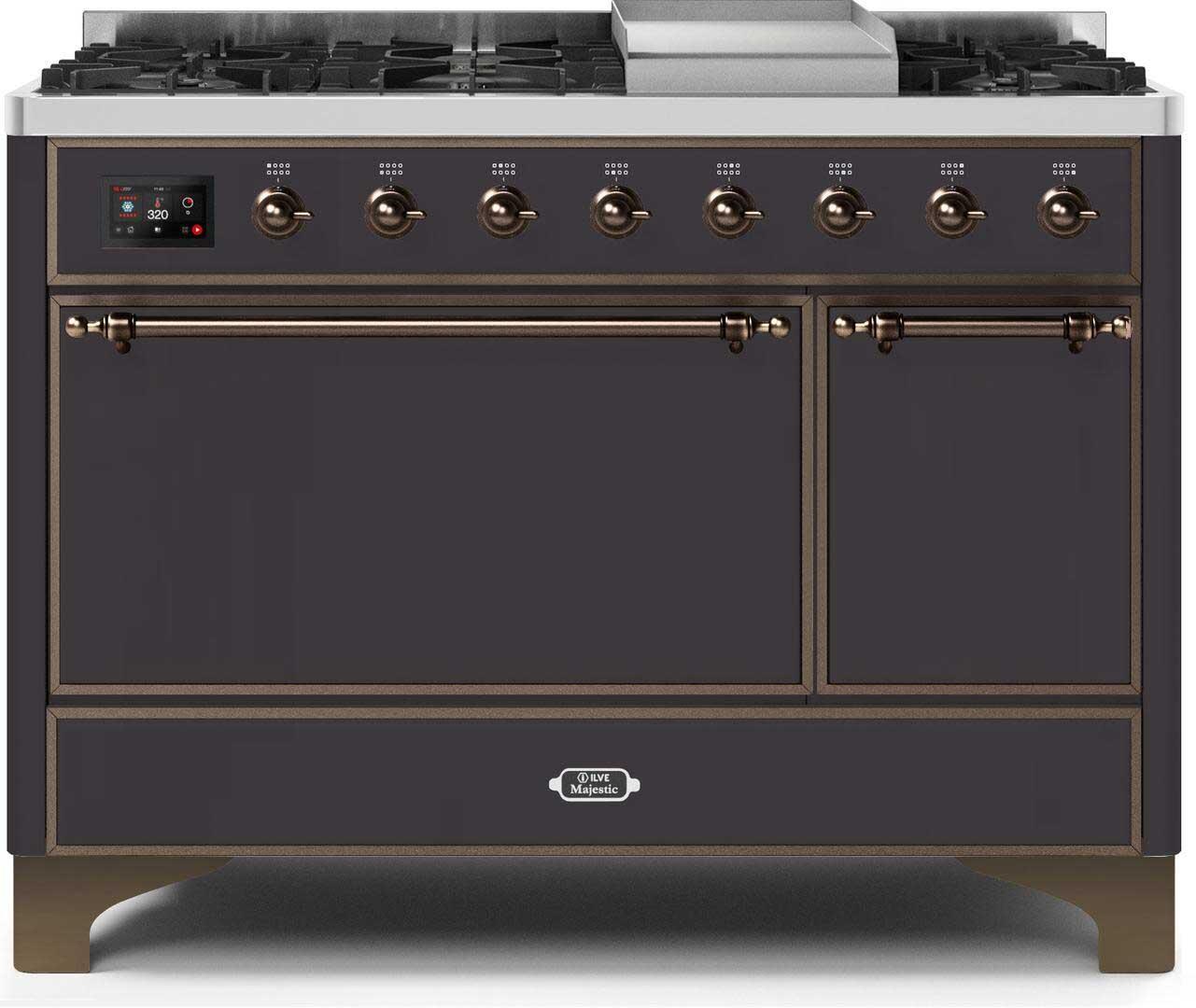 Ilve UM12FDQNS3MGB Majestic Ii 48 Inch Dual Fuel Natural Gas Freestanding Range In Matte Graphite With Bronze Trim