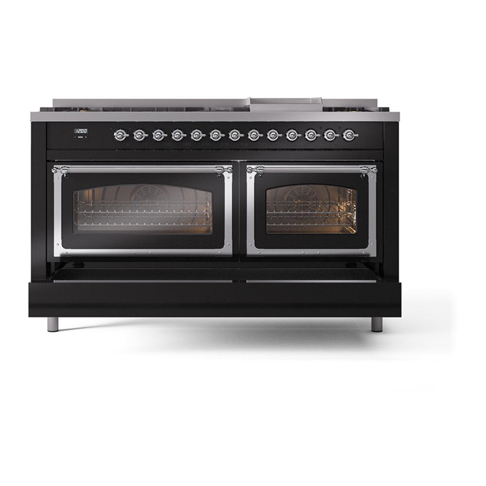 Ilve UN60FNMPBKC Ilve Un60Fnmpbkc Nostalgie Ii Noblesse 60" Dual Fuel Range (9 Sealed Burners + Griddle, Natural Gas, Triple Glass Door, Glossy Black, Chrome)