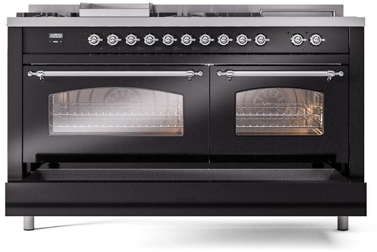 Ilve UP60FSNMPBKC Nostalgie Ii 60 Inch Dual Fuel Natural Gas Freestanding Range In Glossy Black With Chrome Trim