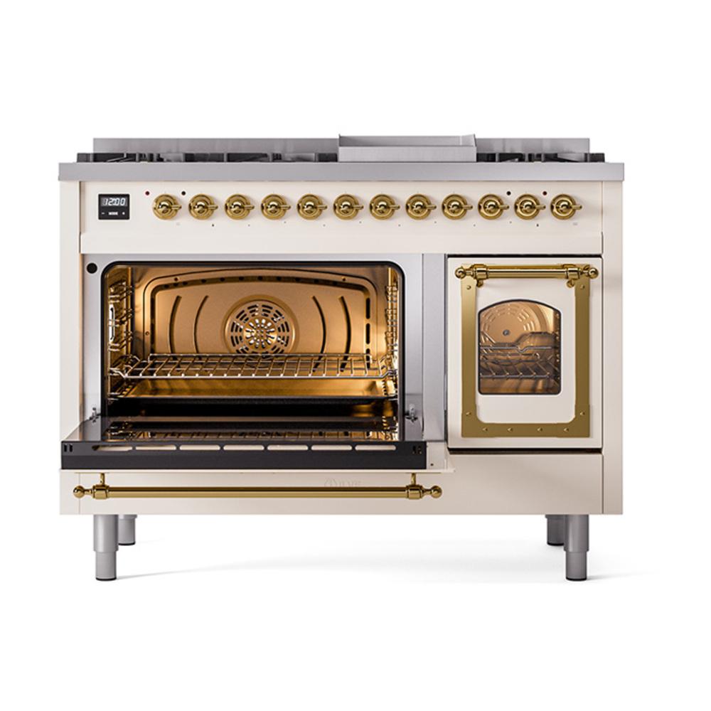 Ilve UN48FNMPAWG Ilve Un48Fnmpawg Nostalgie Ii Noblesse 48" Dual Fuel Range (8 Sealed Burners + Griddle, Natural Gas, Triple Glass Door, Antique White, Brass)