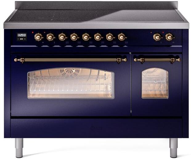 Ilve UPI486NMPMBB Nostalgie Ii 48 Inch Electric Freestanding Range In Blue With Bronze Trim