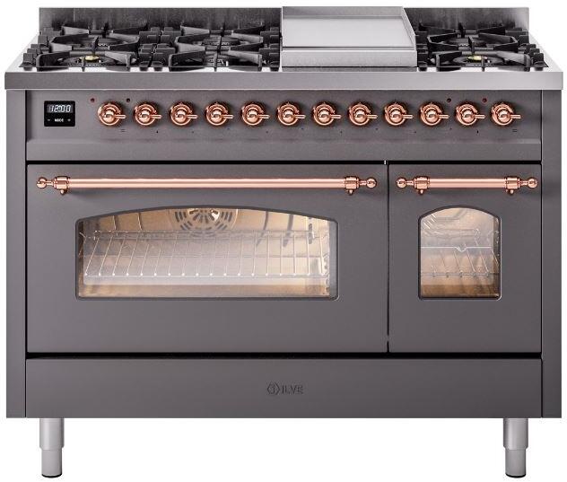 Ilve UP48FNMPMGPLP Nostalgie Ii 48 Inch Dual Fuel Liquid Propane Freestanding Range In Matte Graphite With Copper Trim