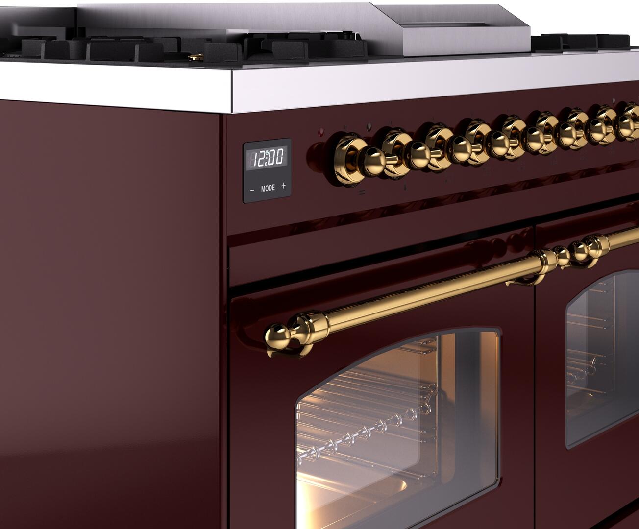 Ilve UPD40FNMPBUGLP Nostalgie Ii 40 Inch Dual Fuel Liquid Propane Freestanding Range In Burgundy With Brass Trim