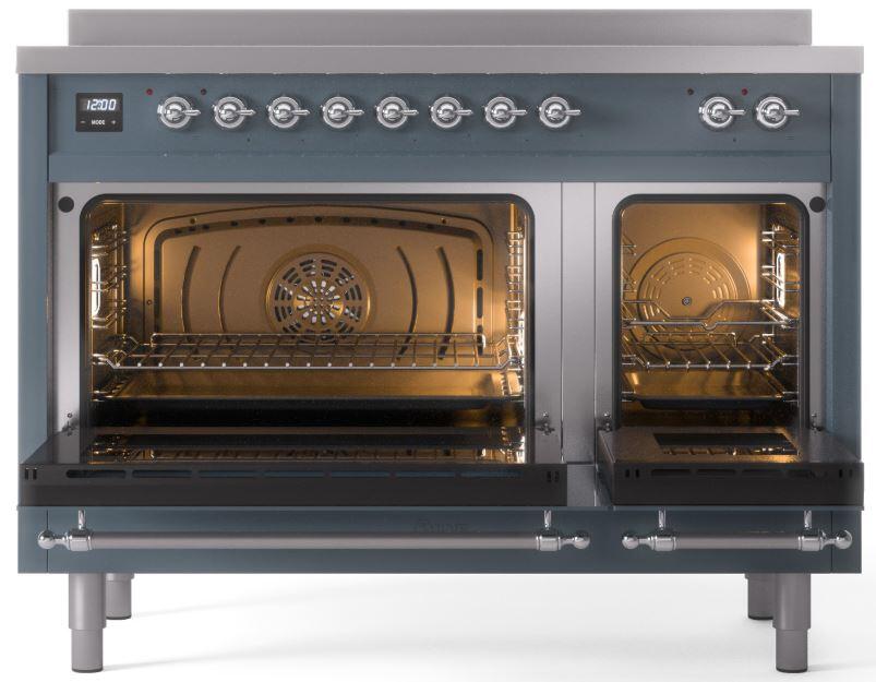 Ilve UPI486NMPBGC Nostalgie Ii 48 Inch Electric Freestanding Range In Blue Grey With Chrome Trim