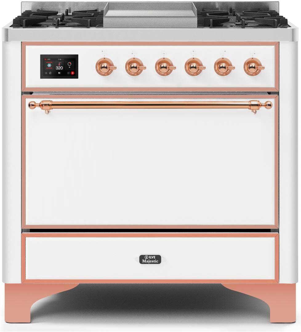 Ilve UM09FDQNS3WHP Majestic Ii 36 Inch Dual Fuel Natural Gas Freestanding Range In White With Copper Trim